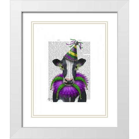 Mardi Gras Cow White Modern Wood Framed Art Print with Double Matting by Fab Funky