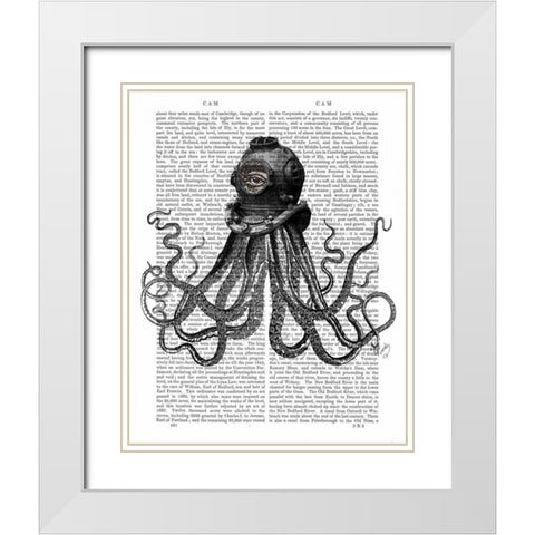 Octopus and Diving Helmet White Modern Wood Framed Art Print with Double Matting by Fab Funky