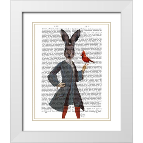 Rabbit and Bird White Modern Wood Framed Art Print with Double Matting by Fab Funky