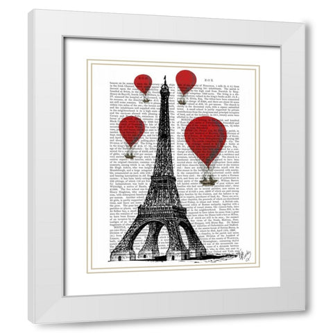 Eiffel Tower and Red Hot Air Balloons White Modern Wood Framed Art Print with Double Matting by Fab Funky