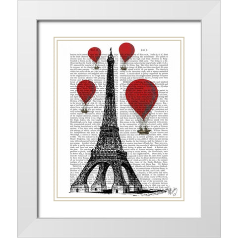 Eiffel Tower and Red Hot Air Balloons White Modern Wood Framed Art Print with Double Matting by Fab Funky