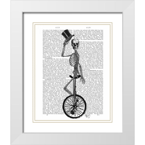 Skeleton on Unicycle White Modern Wood Framed Art Print with Double Matting by Fab Funky