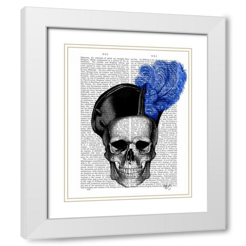 Skull with Blue Hat White Modern Wood Framed Art Print with Double Matting by Fab Funky