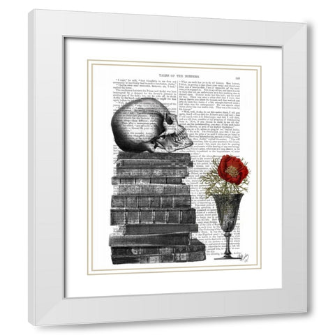Skull And Books White Modern Wood Framed Art Print with Double Matting by Fab Funky