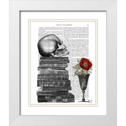 Skull And Books White Modern Wood Framed Art Print with Double Matting by Fab Funky