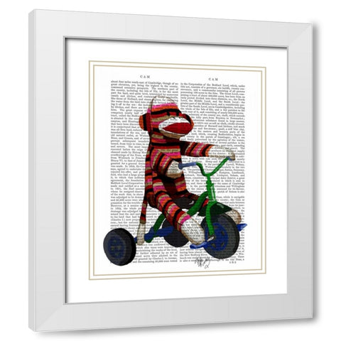 Sock Monkey on Tricycle White Modern Wood Framed Art Print with Double Matting by Fab Funky