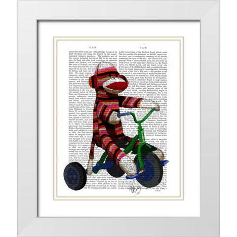 Sock Monkey on Tricycle White Modern Wood Framed Art Print with Double Matting by Fab Funky