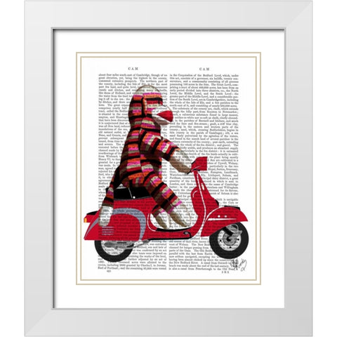 Sock Monkey on Moped White Modern Wood Framed Art Print with Double Matting by Fab Funky
