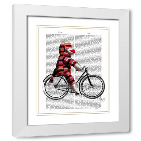Sock Monkey on Bicycle White Modern Wood Framed Art Print with Double Matting by Fab Funky