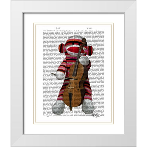 Sock Monkey and Cello White Modern Wood Framed Art Print with Double Matting by Fab Funky