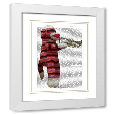 Sock Monkey Playing Trumpet White Modern Wood Framed Art Print with Double Matting by Fab Funky