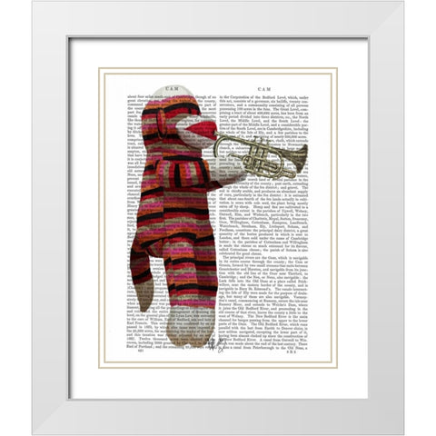Sock Monkey Playing Trumpet White Modern Wood Framed Art Print with Double Matting by Fab Funky