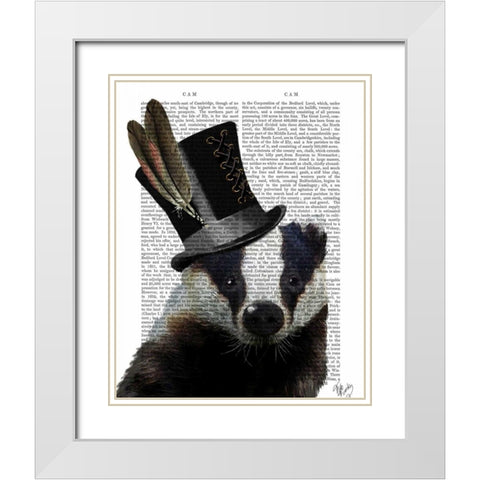 Steampunk Badger in Top Hat White Modern Wood Framed Art Print with Double Matting by Fab Funky