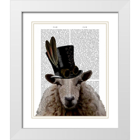 Steampunk Sheep White Modern Wood Framed Art Print with Double Matting by Fab Funky