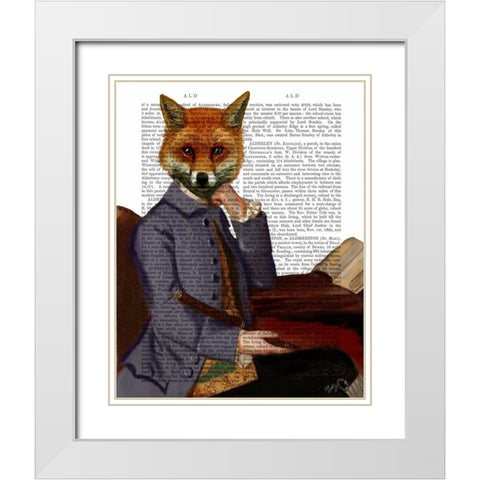 Fox With Flute White Modern Wood Framed Art Print with Double Matting by Fab Funky