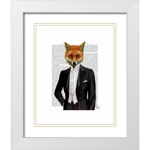 Fox In Evening Suit Portrait White Modern Wood Framed Art Print with Double Matting by Fab Funky