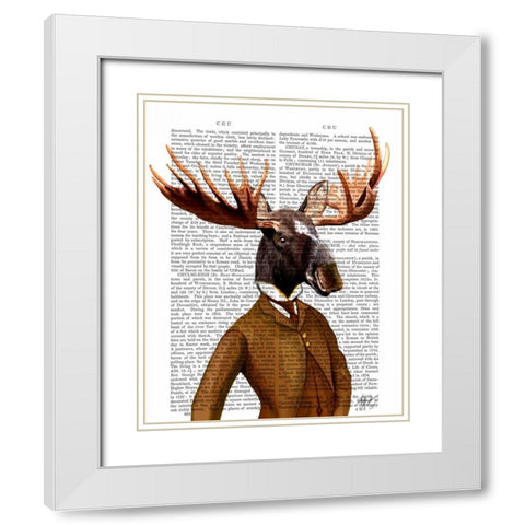 Moose In Suit Portrait White Modern Wood Framed Art Print with Double Matting by Fab Funky