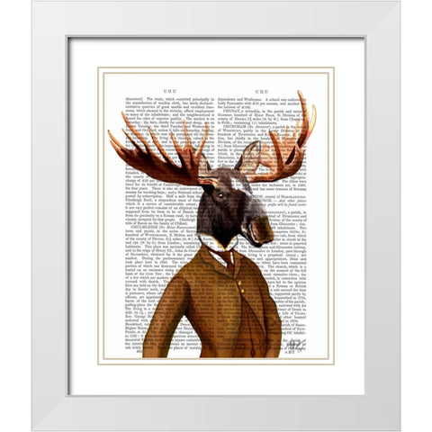 Moose In Suit Portrait White Modern Wood Framed Art Print with Double Matting by Fab Funky