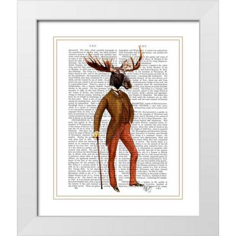 Moose In Suit Full White Modern Wood Framed Art Print with Double Matting by Fab Funky