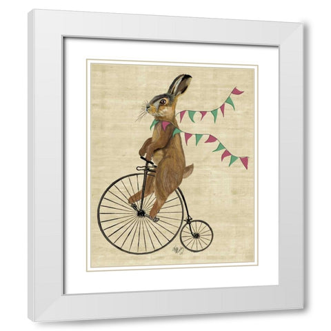 Rabbit On Penny Farthing White Modern Wood Framed Art Print with Double Matting by Fab Funky