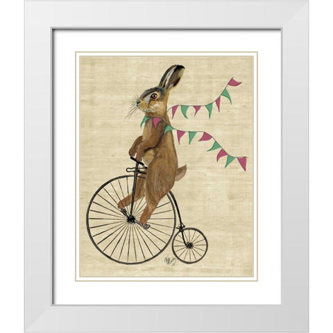 Rabbit On Penny Farthing White Modern Wood Framed Art Print with Double Matting by Fab Funky