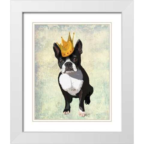 Boston Terrier and Crown White Modern Wood Framed Art Print with Double Matting by Fab Funky