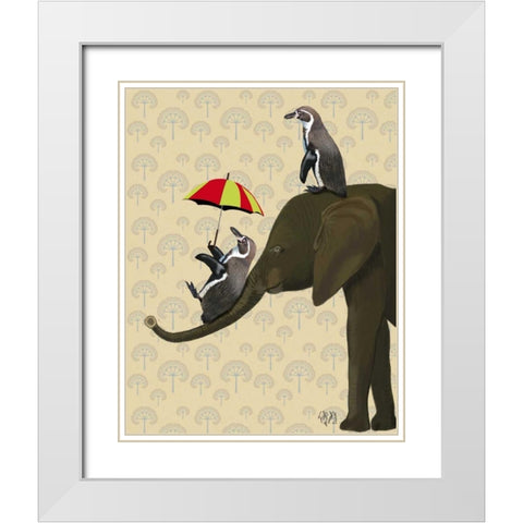 Elephant and Penguins White Modern Wood Framed Art Print with Double Matting by Fab Funky