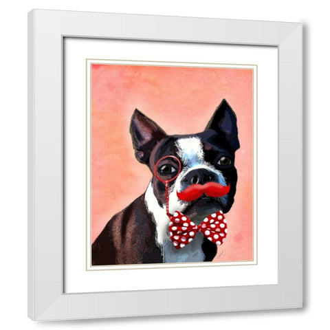 Boston Terrier Portrait with Red Bow Tie and Moustache White Modern Wood Framed Art Print with Double Matting by Fab Funky