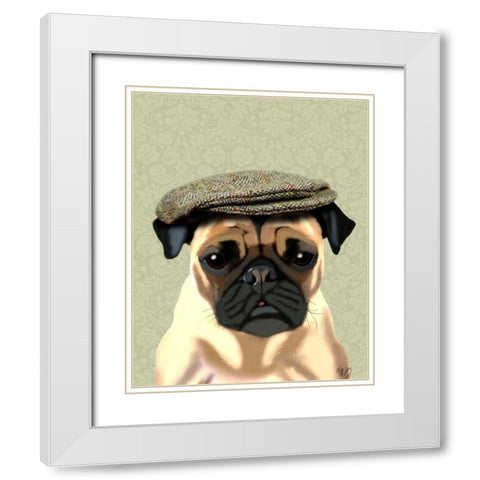 Pug in Flat Cap White Modern Wood Framed Art Print with Double Matting by Fab Funky