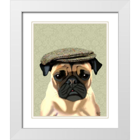 Pug in Flat Cap White Modern Wood Framed Art Print with Double Matting by Fab Funky