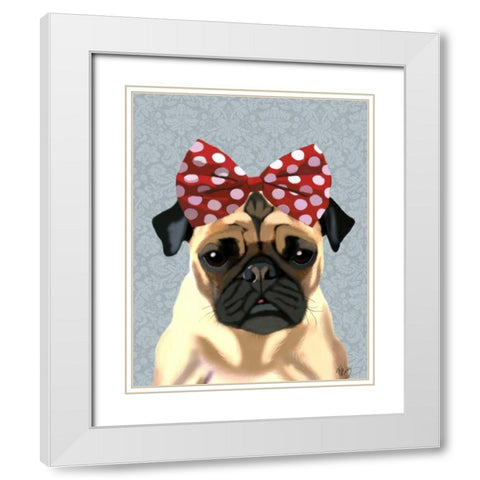 Pug with Red Spotty Bow On Head White Modern Wood Framed Art Print with Double Matting by Fab Funky