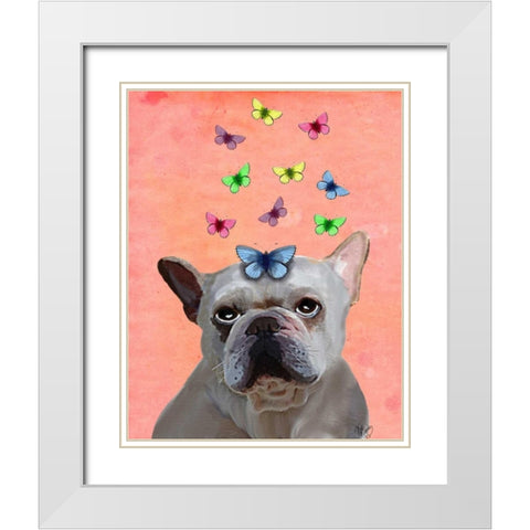White French Bulldog and Butterflies White Modern Wood Framed Art Print with Double Matting by Fab Funky