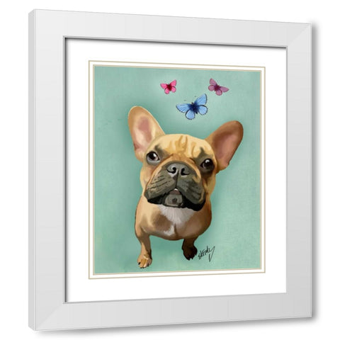 Brown French Bulldog and Butterflies White Modern Wood Framed Art Print with Double Matting by Fab Funky