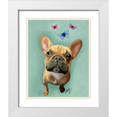Brown French Bulldog and Butterflies White Modern Wood Framed Art Print with Double Matting by Fab Funky