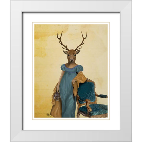 Deer In Blue Dress White Modern Wood Framed Art Print with Double Matting by Fab Funky
