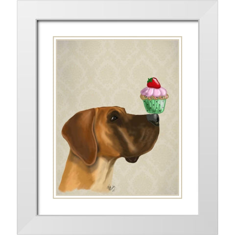 Great Dane and Cupcake White Modern Wood Framed Art Print with Double Matting by Fab Funky