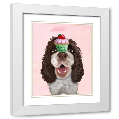 Springer Spaniel with Cupcake White Modern Wood Framed Art Print with Double Matting by Fab Funky