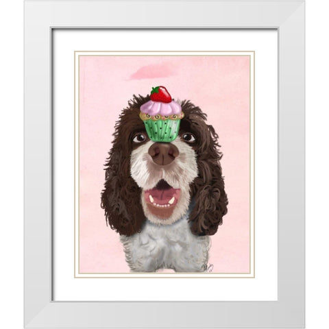 Springer Spaniel with Cupcake White Modern Wood Framed Art Print with Double Matting by Fab Funky