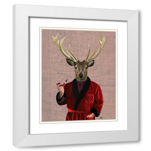 Deer in Smoking Jacket White Modern Wood Framed Art Print with Double Matting by Fab Funky