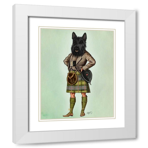 Scottish Terrier in Kilt White Modern Wood Framed Art Print with Double Matting by Fab Funky