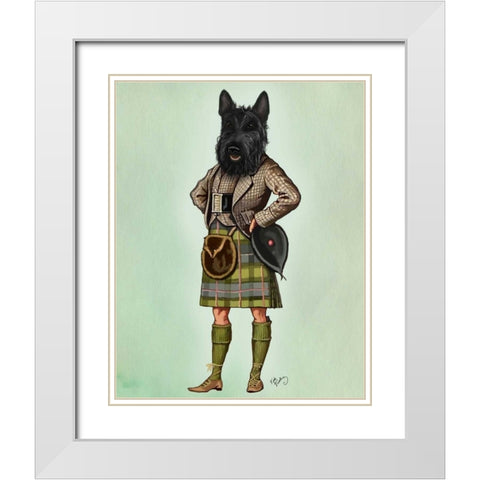Scottish Terrier in Kilt White Modern Wood Framed Art Print with Double Matting by Fab Funky