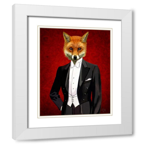 Fox In Evening Suit Portrait White Modern Wood Framed Art Print with Double Matting by Fab Funky