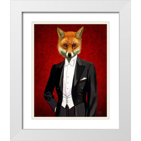 Fox In Evening Suit Portrait White Modern Wood Framed Art Print with Double Matting by Fab Funky