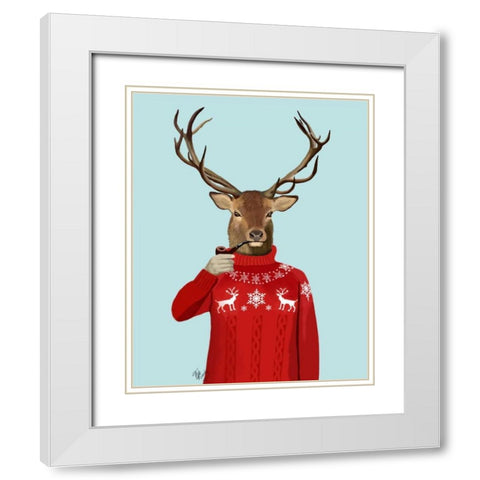 Deer in Ski Sweater White Modern Wood Framed Art Print with Double Matting by Fab Funky