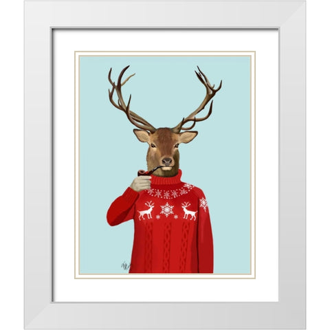 Deer in Ski Sweater White Modern Wood Framed Art Print with Double Matting by Fab Funky