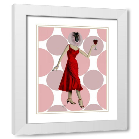 Monkey in Red Dress with wine White Modern Wood Framed Art Print with Double Matting by Fab Funky