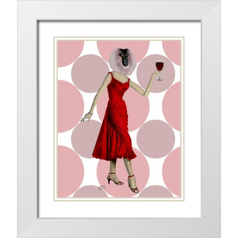 Monkey in Red Dress with wine White Modern Wood Framed Art Print with Double Matting by Fab Funky