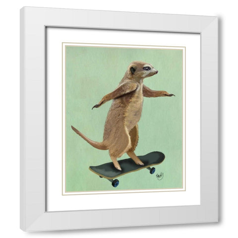 Meerkat On Skateboard White Modern Wood Framed Art Print with Double Matting by Fab Funky