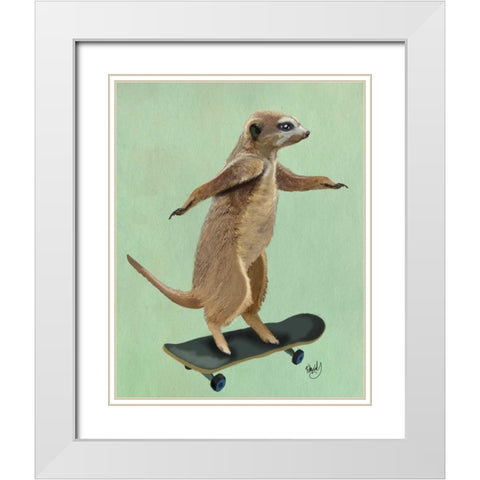 Meerkat On Skateboard White Modern Wood Framed Art Print with Double Matting by Fab Funky