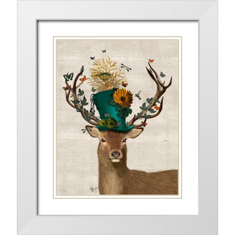 Mad Hatter Deer White Modern Wood Framed Art Print with Double Matting by Fab Funky
